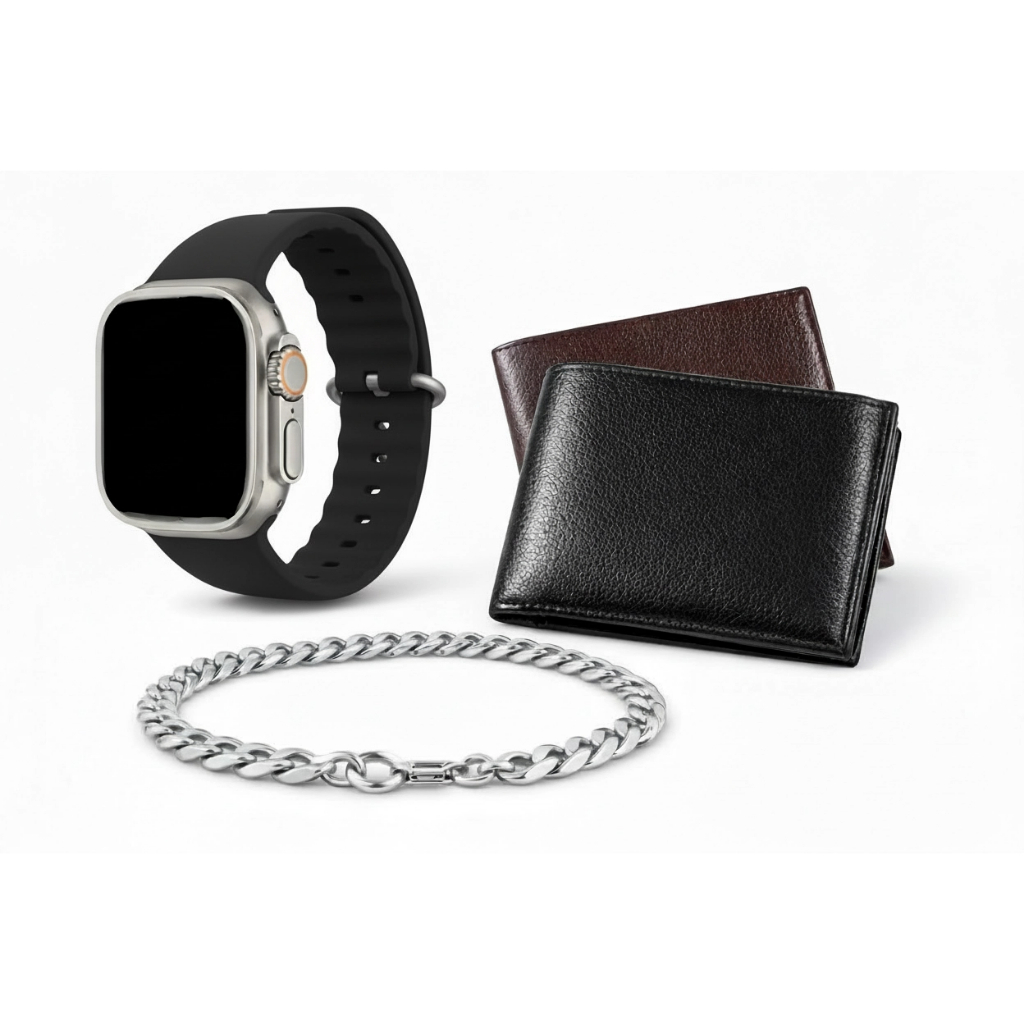Kit Relógio Premium + Pulseira Prata + Carteira de Couro Casual e Estilo em Promoção