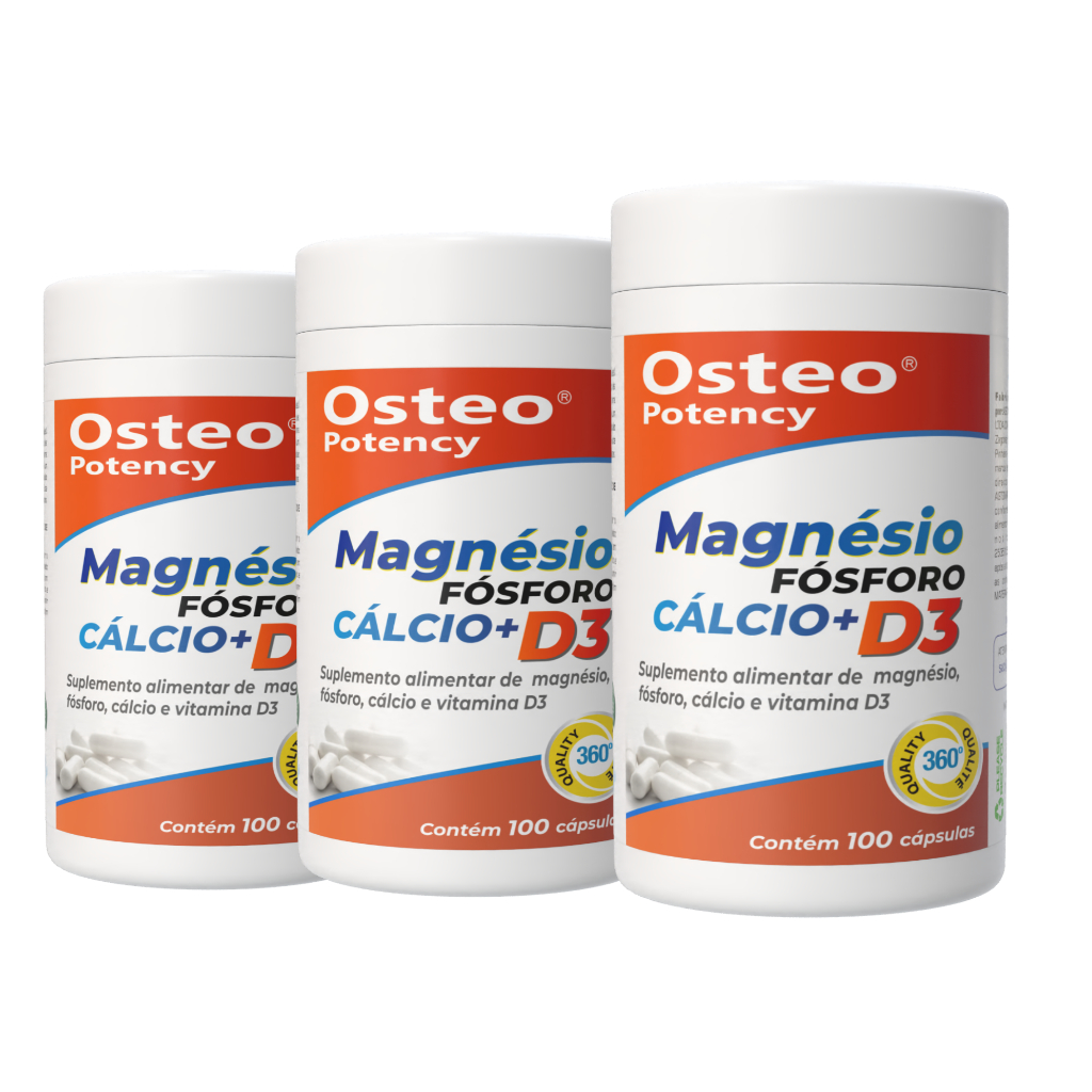 Kit 3 Osteo Potency Cálcio Magnésio Vitamina D3 + Fósforo 100 Cápsulas