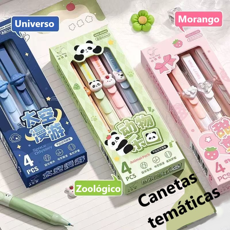 Kit 4 Canetas Gel Apagáveis 0.5mm Estilo Fofo Rosa Material Escolar Presente WJ-4