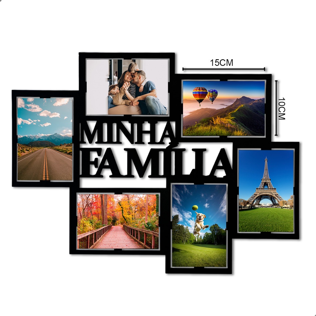 Painel Porta-Retrato com 6 Fotos Mural em MDF Tema Minha Família Decorativo Para Paredes e Ambientes