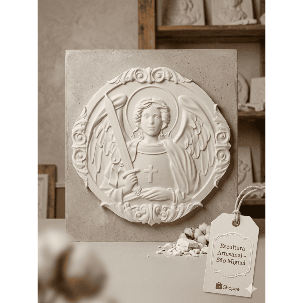Quadro Arcanjo São Miguel Redondo 33x33 cm em Gesso Cru Alto Relevo Decorativo Religioso