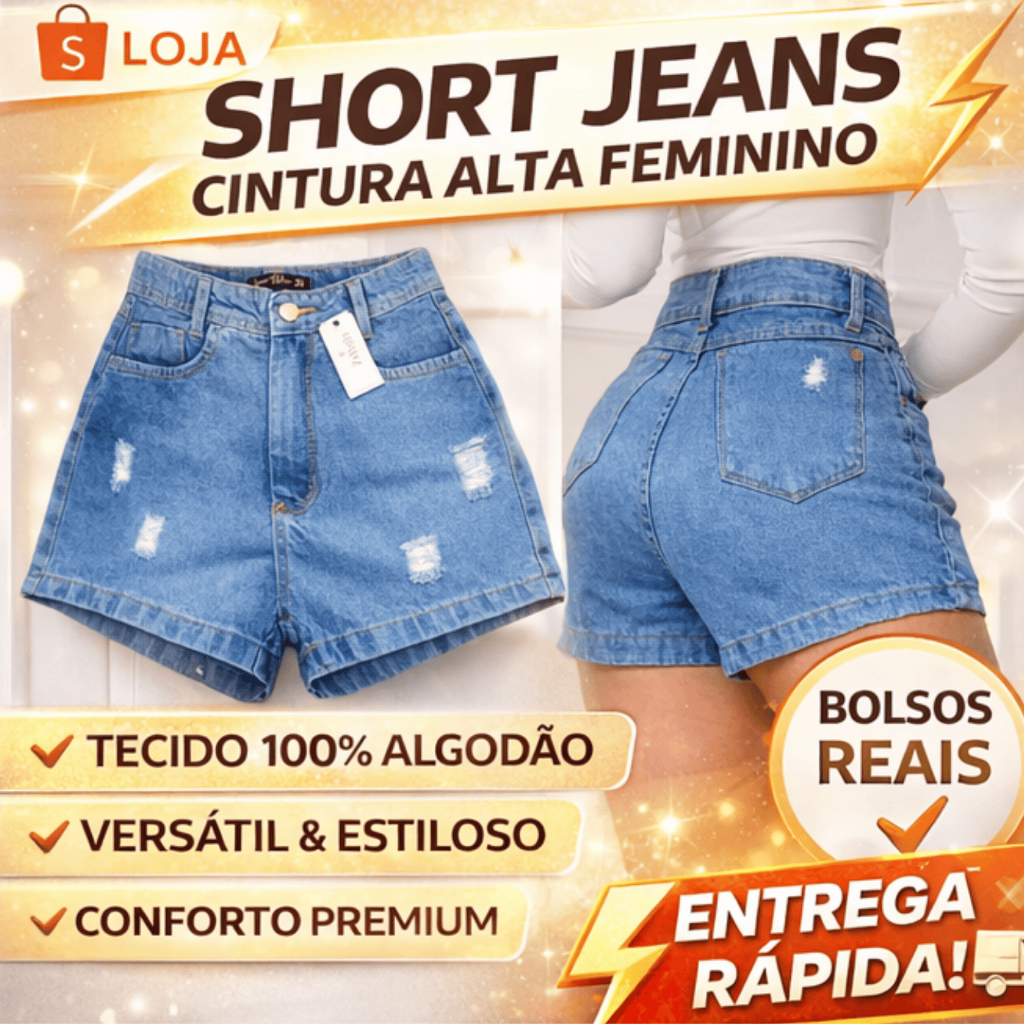 Short Jeans Feminino Cintura Alta Mom 100% Algodão Destroyed Azul Claro