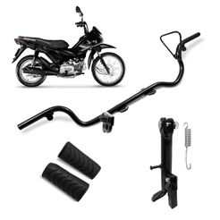 Kit Estribo Pop 110i até 2024 com Borracha + Cavalete Lateral com Mola Preto Aço Reforçado