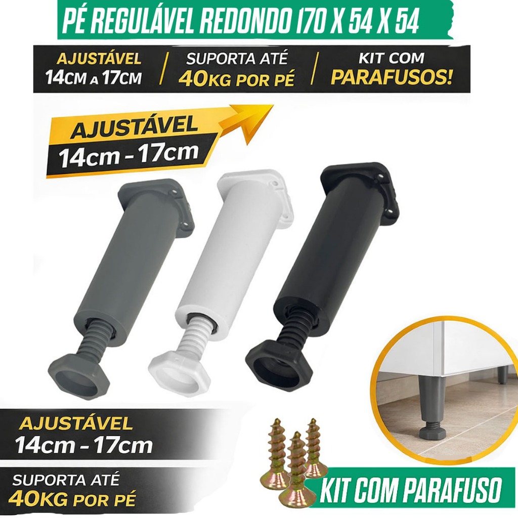 Kit 4/6/8/10/12 Pezinho Para Armário de Cozinha Regulável Cinza Pé de Móveis Gabinete Cama Box