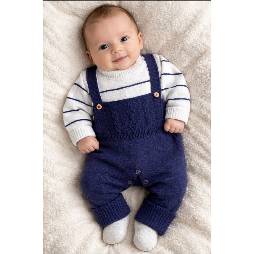 Macacão Jardineira Listra Trança Récem Nascido Menina Menino Saida Maternidade Tricô RN