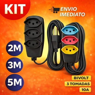 KIT EXTENSÃO ELÉTRICA 3 TOMADAS COLORIDA 10A BIVOLT TRIPOLAR 2/3/5 METROS em Oferta na Shopee