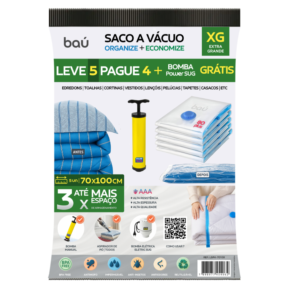 Kit 5 Sacos A Vácuo Organizador 70x100cm + Bomba Baú Vacbag Edredons Cortinas Vestidos