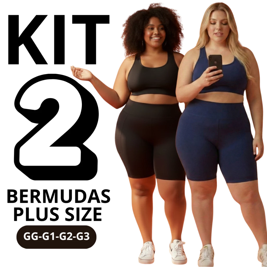 KIT 2 Bermudas Shorts Feminino Plus Size Academia Fitness Dia a Dia