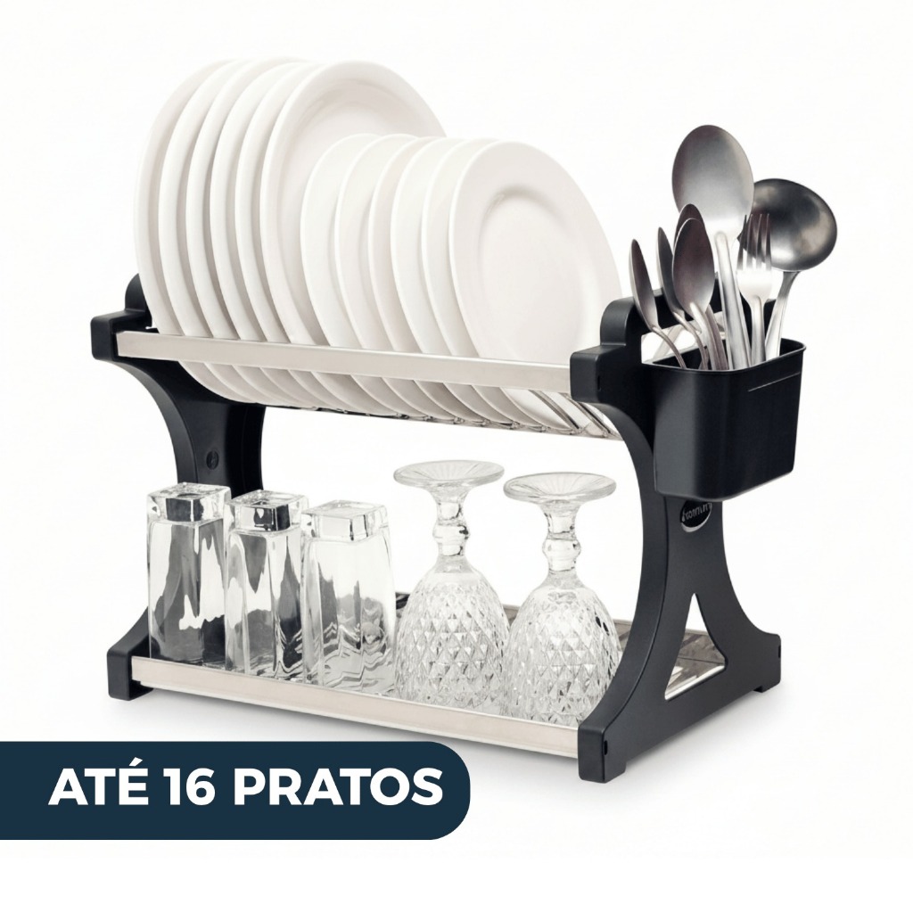 Escorredor de Louça 16 Pratos Preto em aço Inox Alto com Porta Talheres Pia Cozinha Organizador