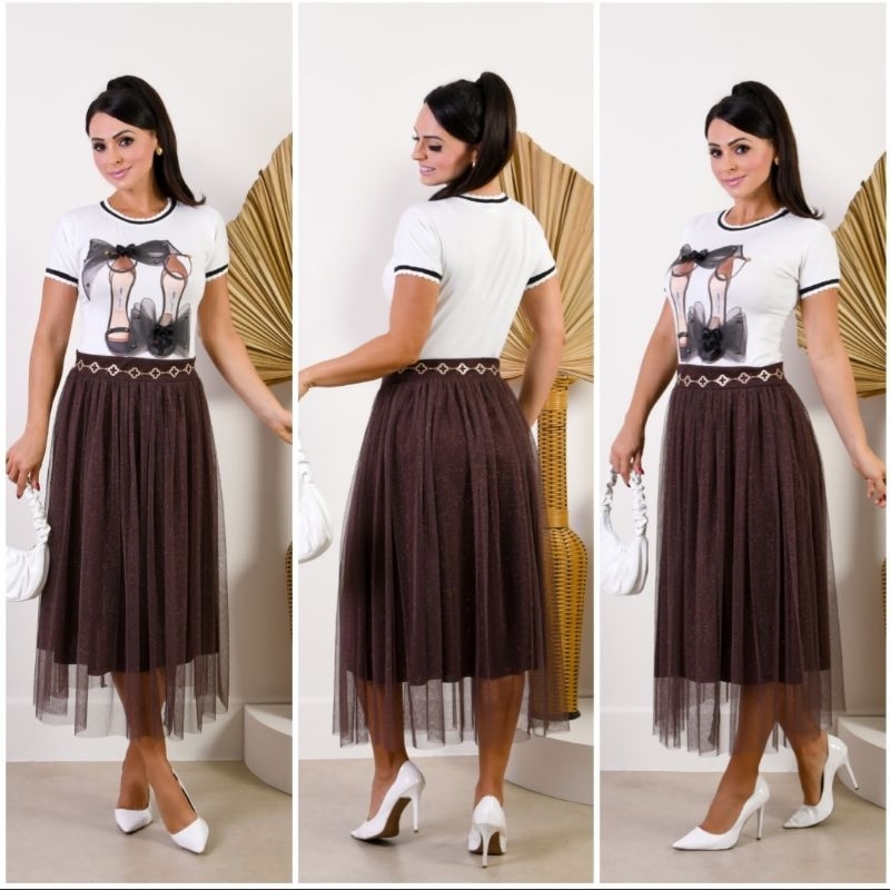 Saia Tule com Glitter Feminina Midi Luxo Moda Evangélica para Igreja e Congresso