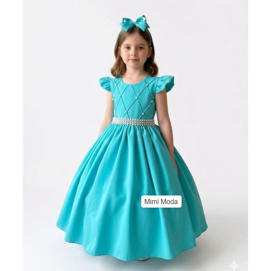 Vestido Infantil Menina Longo Verde Tiffany Dama Honra Daminha Formatura Florista Casamento Noivinha