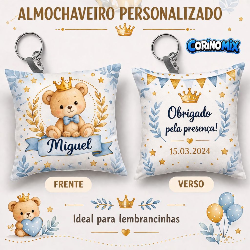 Almochaveiro Ursinho Príncipe Personalizado Nome Lembrancinha Aniversário Infantil Luxo