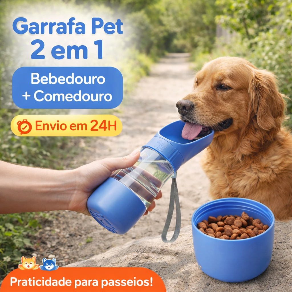 KIT 1 Garrafa Pet Portátil 2 em 1 Bebedouro  Comedouro Cachorro e Gato Cães Dispensador Multifuncional