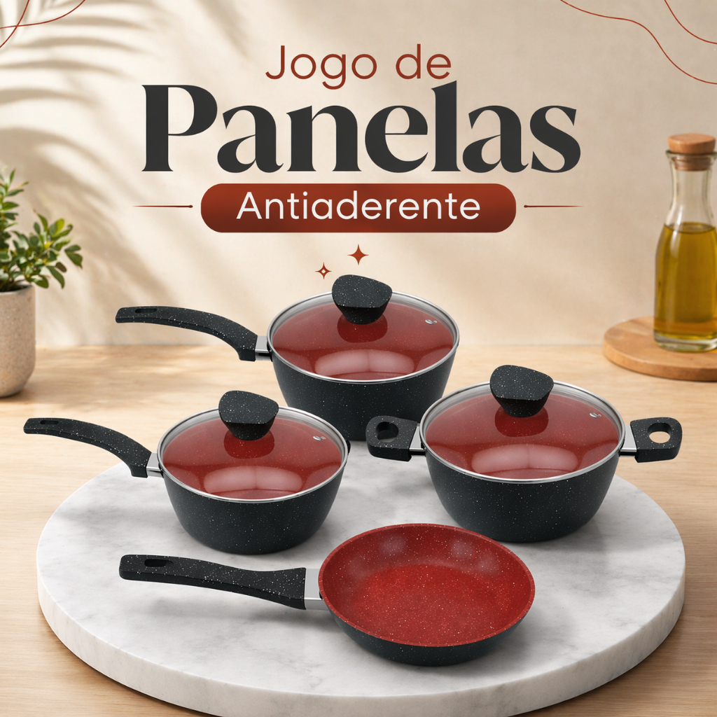Conjunto Jogo de Panelas Antiaderente – 4pçs – Tampa de Vidro | Conjunto Panelas de Alumínio