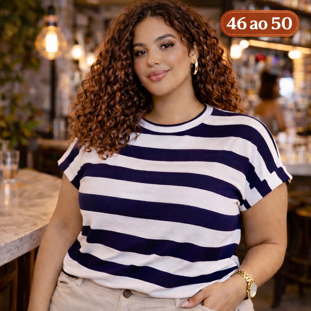 Blusa Plus Size Feminina Listrada Manga Curta Soltinha Básica Tamanho 46 48 50 em Oferta na Shopee