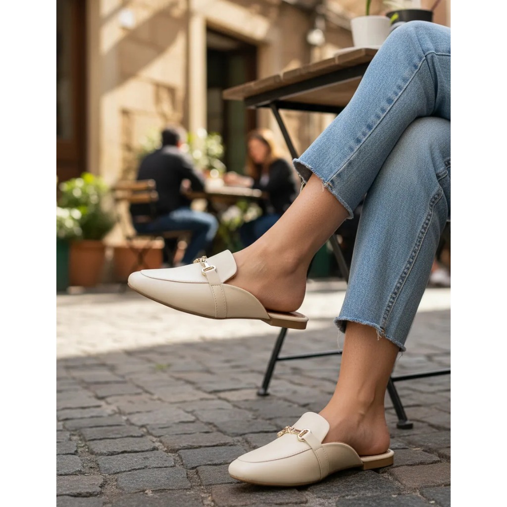 Sandália Feminina Mule Chinelo Rasteira Confortável Fivela Metalica Casual Estilosa Tendencia Social
