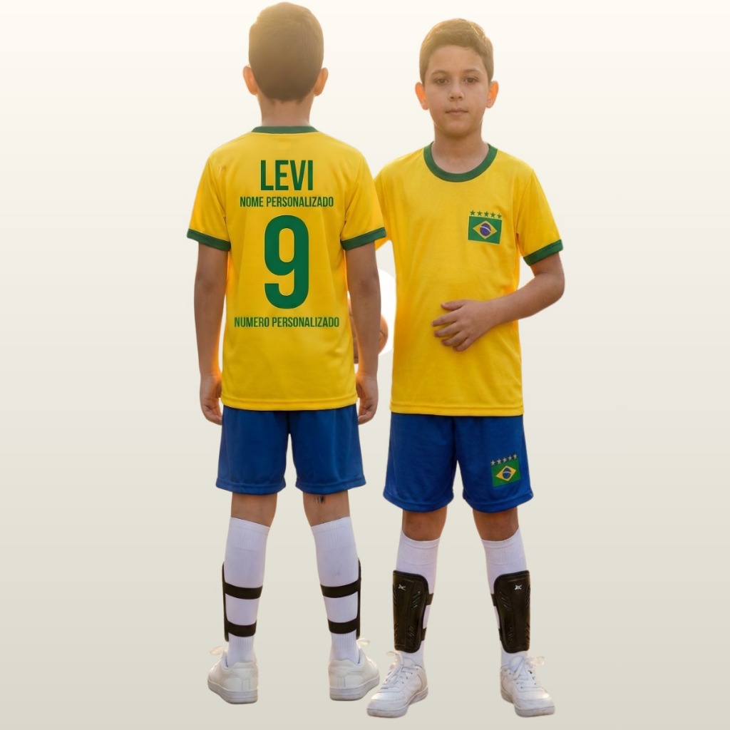 Kit Seleção Brasileira Camisa Short Caneleira Meião Nome e Numero Personalizado