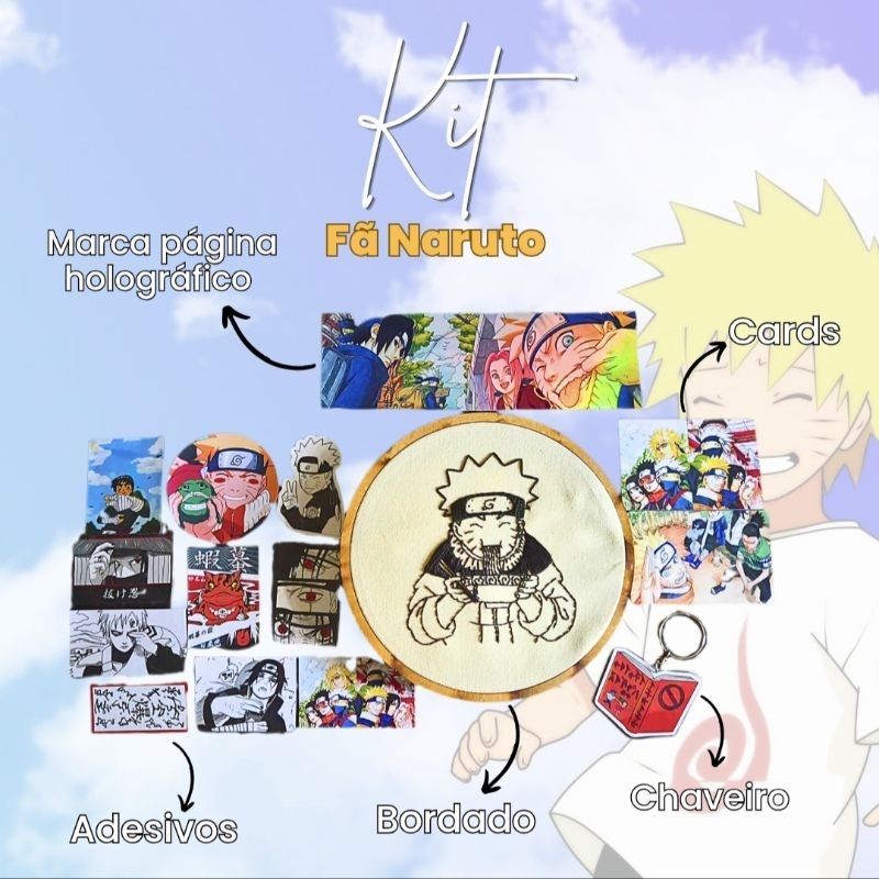 Kit Fã Naruto: Bordado feito a mão, chaveiro, marca página holográfico, adesivos e cards