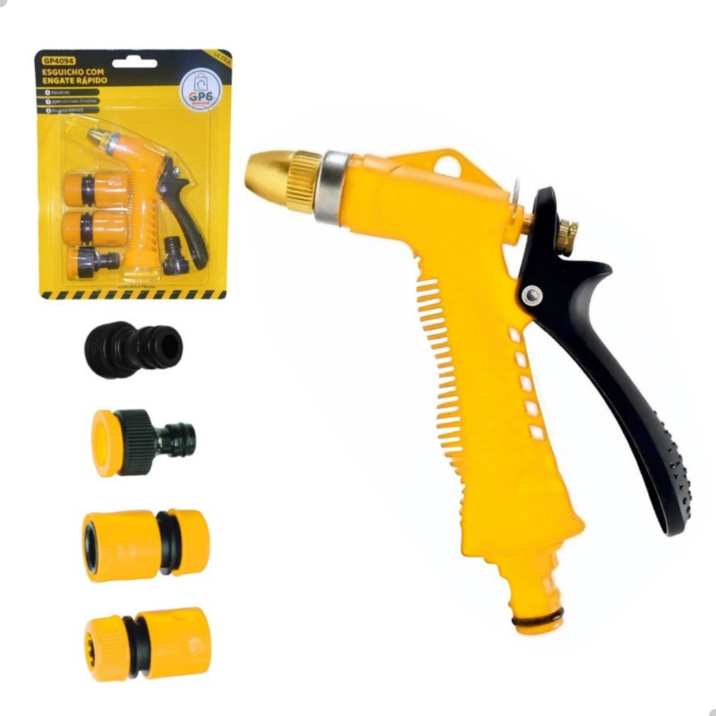 Esguicho Jardim com Trava Regulagem de Jato e Kit Adaptadores Engate Rápido Mangueira