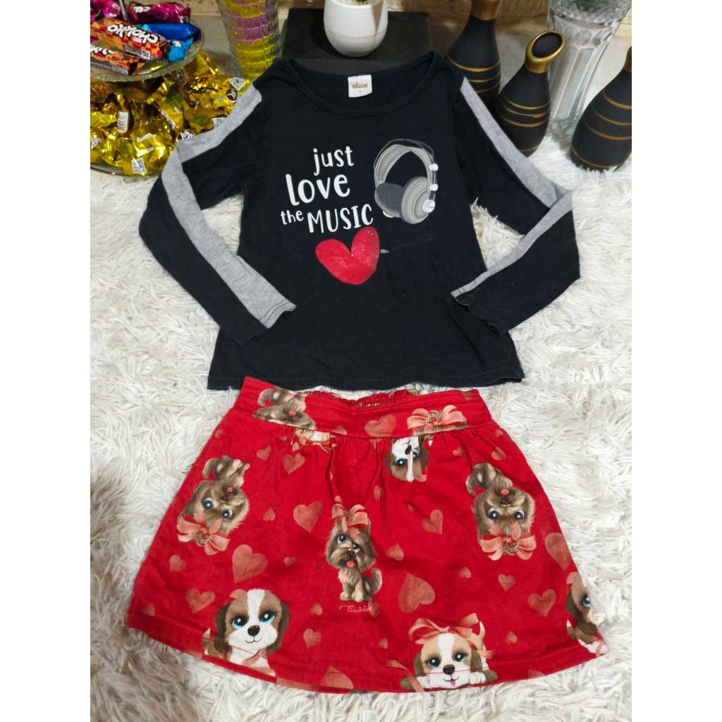 Conjunto Infantil Feminino, ( Blusa Preta M/l + Saia Vermelha Desenho) Tam: 8, Marca: Bethy.bethy
