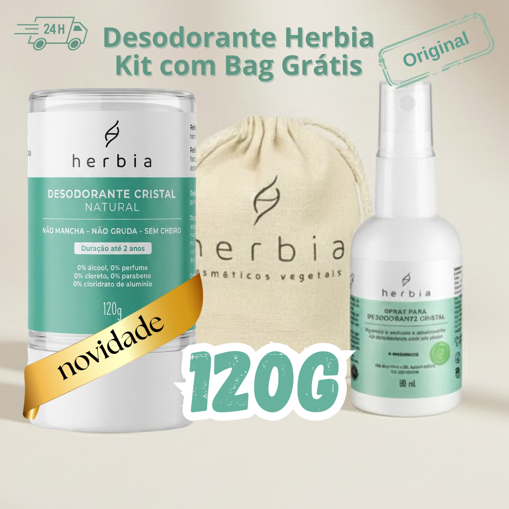 Kit Desodorante Kristall 120g + Spray de Melaleuca + EcoBag brinde - Herbia Cristal bolsa