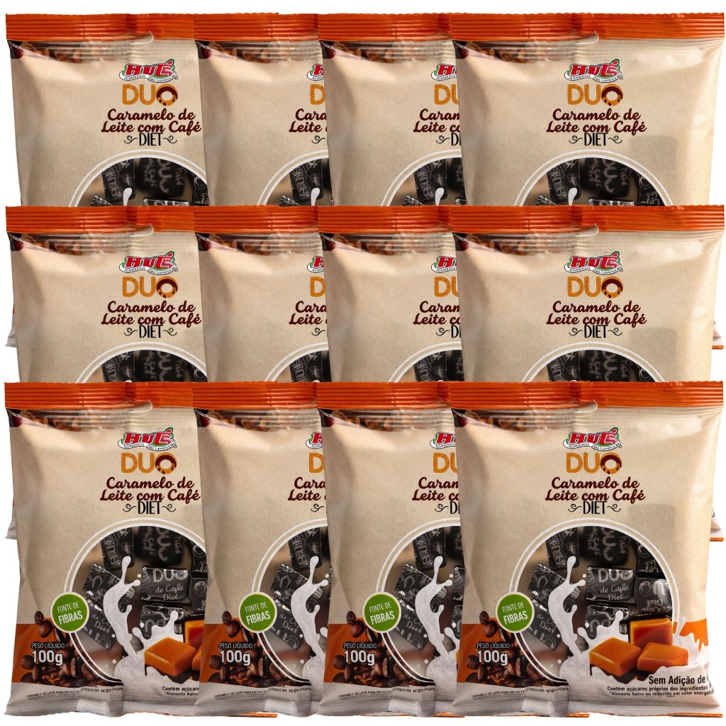 BALA DUO CARAMELO DE LEITE DIET COM CAFE PACOTE 100G - HUE KIT 12 UND