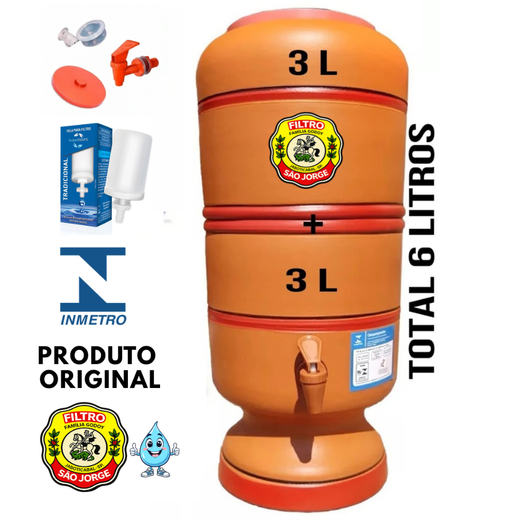 Filtro de Barro São Jorge 3+3 Litros Total 6L com Vela, Boia e Torneira em Oferta na Shopee