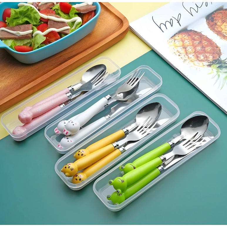 Jogo Colher Talher 3 peças Inox Estojo Garfo Faca Colher Marmita Viagem