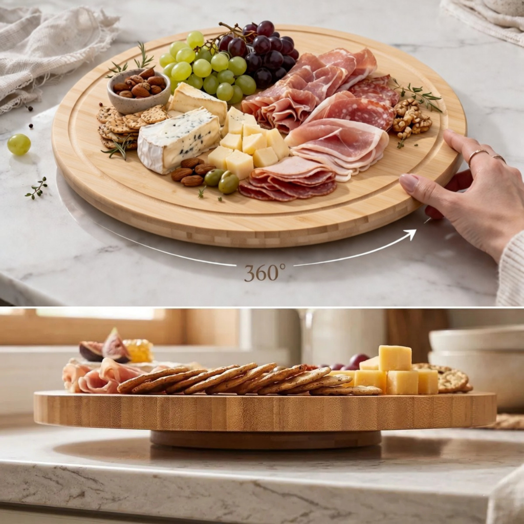 Petisqueira Giratória Bambu Tábua Frios Bandeja Petiscos Mesa Posta Café da Manhã 360 Decoração