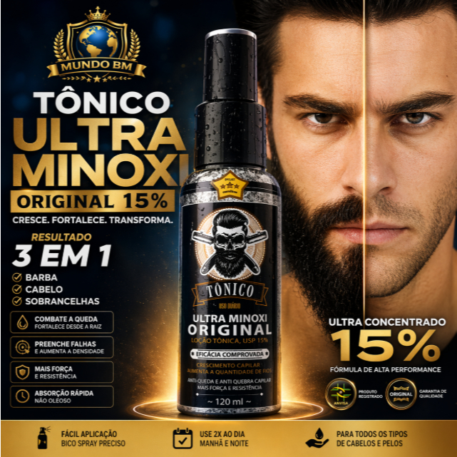 Tônico Ultra Minoxi 15% Original Cresce Cabelo Barba Sobrancelha Antiqueda Preenche Falhas Forte