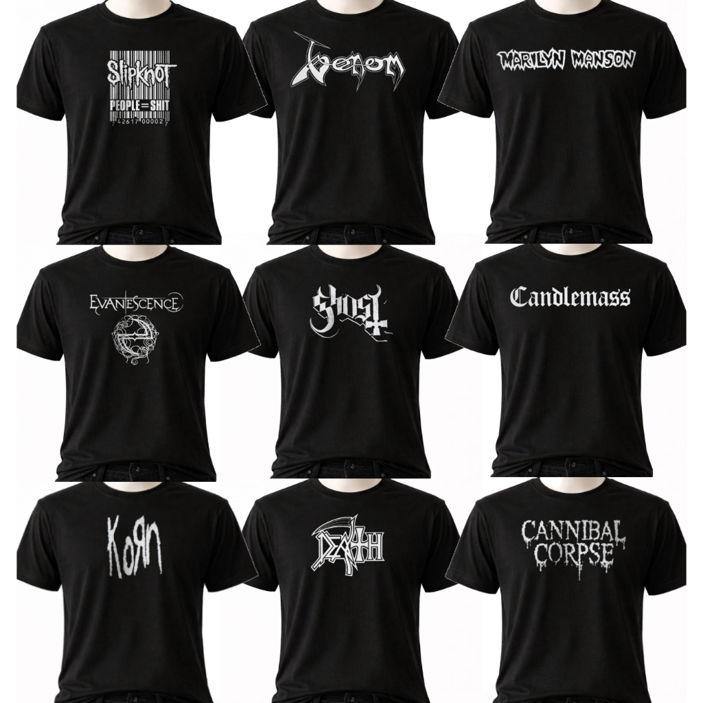 Camiseta Bandas Rock Estampada – Camisa Básica Rock Metal Diversas Bandas Unissex Slipknot Korn Ghost Slayer Vintage
