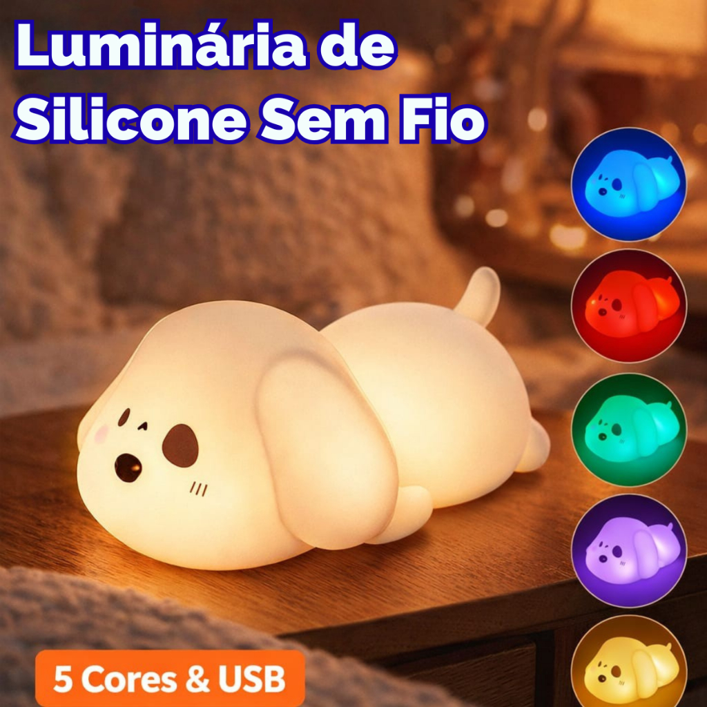 Luminária noturna Cachorro Infantil Touch LED Silicone 5 Cores Recarregável USB