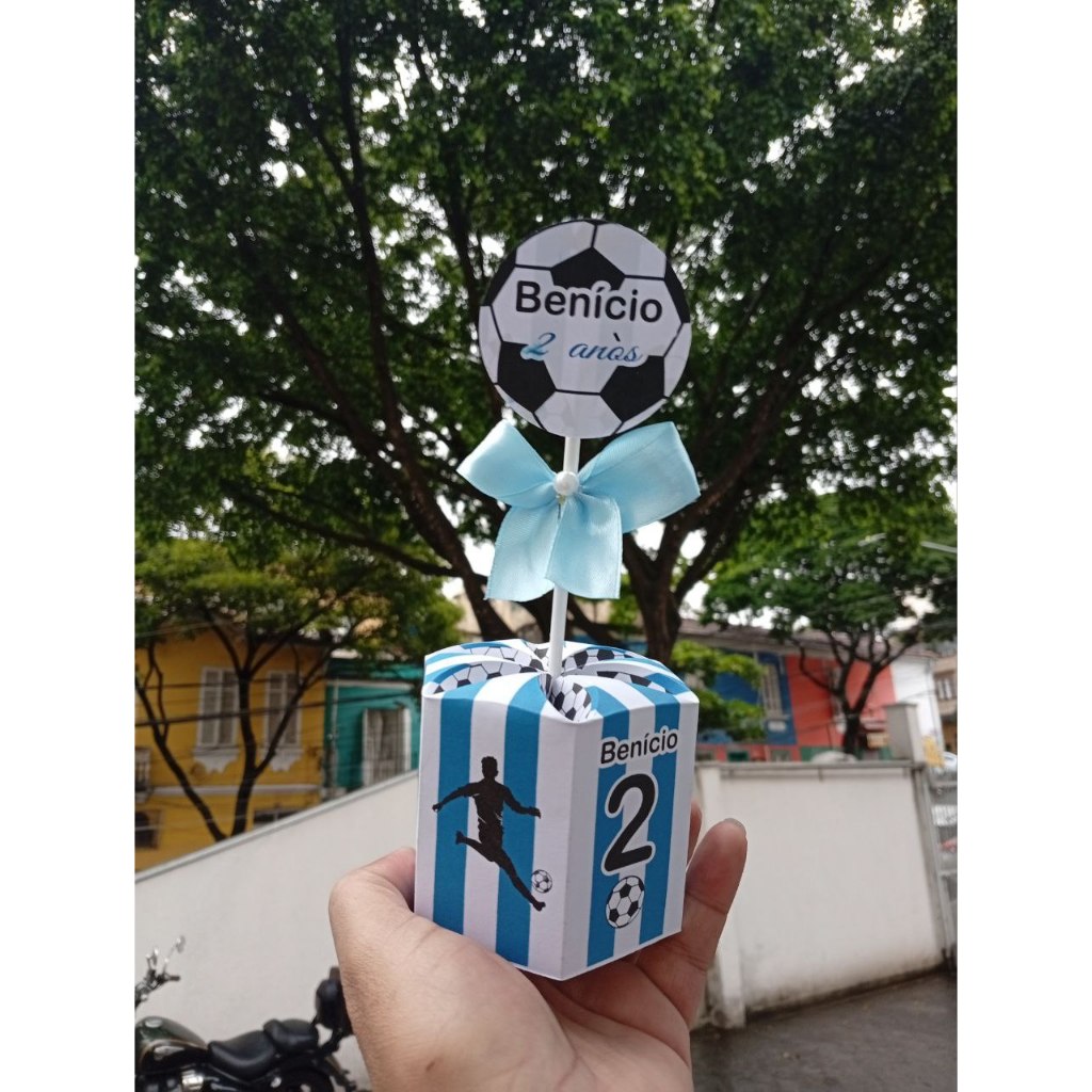 Pegue e Monte Caixa Sextavada Futebol Azul  Centro de Mesa Lembrancinha Festa Infantil