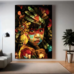 Quadro Decorativo Menino Indígena Lindo Arte Naturalista Para Sala Quarto Cozinha Hall