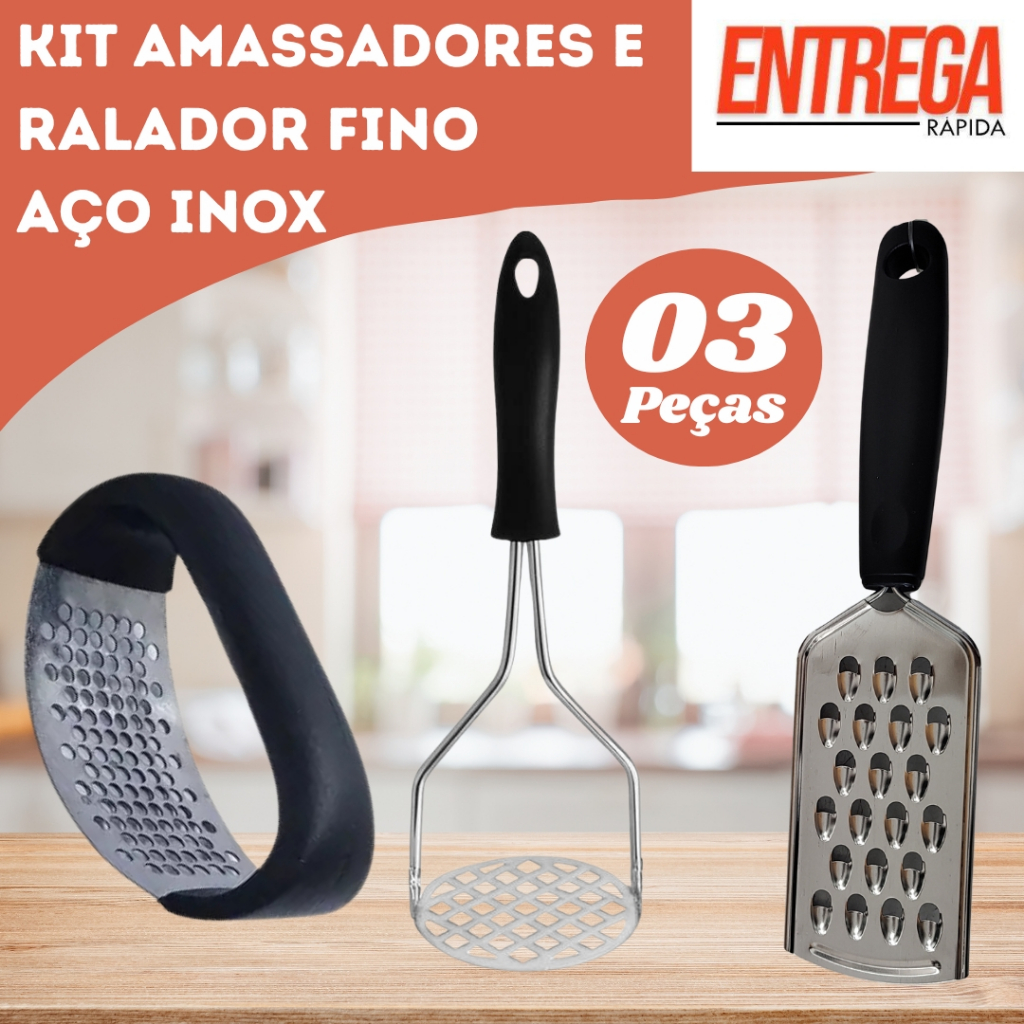 Kit Inox Amassador de Batatas Amassador de Alho e Ralador Fino Profissional Cozinha Restaurante Buffet