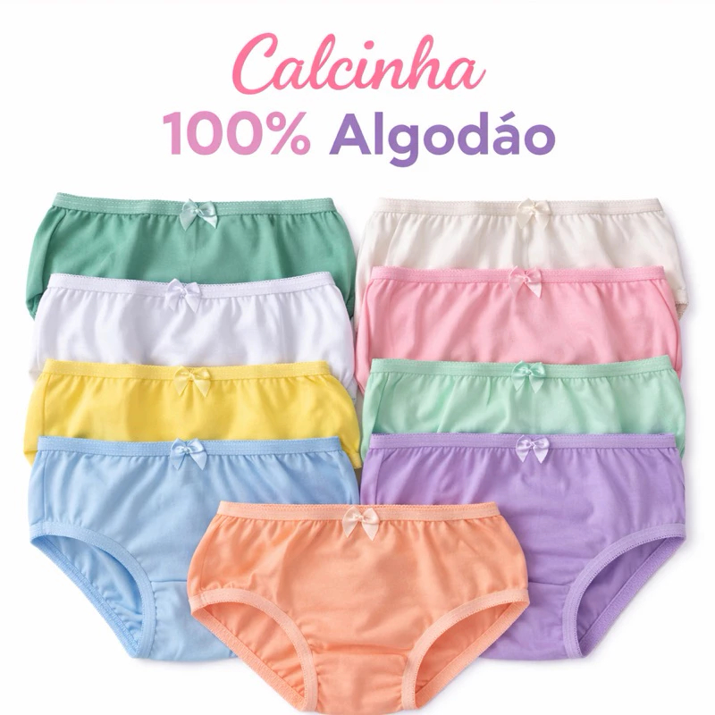 Kit Calcinha Infantil Lisa 100% Algodão Com Forro Linda Florzinha