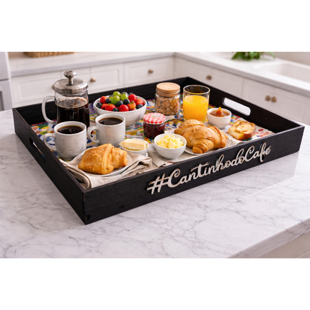 Bandeja Super Luxo Preta Decoração Azulejo 35x25x4 Cantinho Do Café