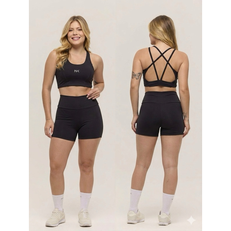 Conjunto Fitness Feminino Short + Top Cruzado Costas Poliamida Academia