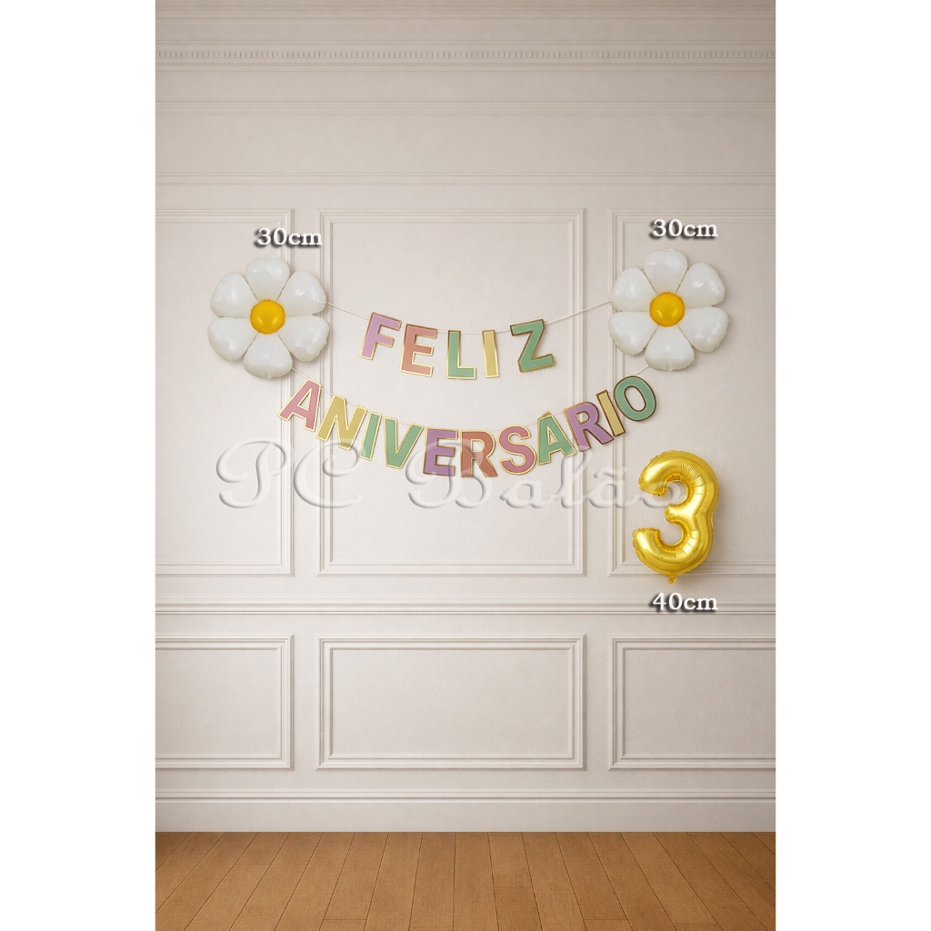 Kit 4 :  NÚMERO Dourado 40CM  + 1 FAIXA COLORIDO ( FELIZ ANIVERSÁRIO) + 2 MARGARIDA 45CM