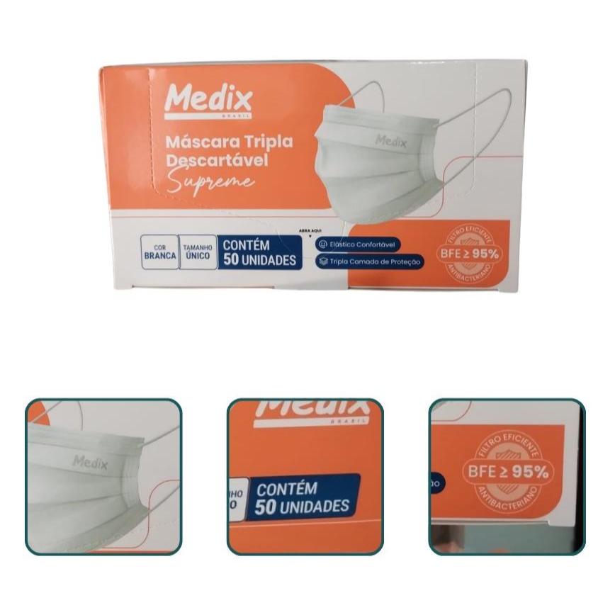 Máscara Cirúrgica Descartável Medix Branca Tripla Camada Filtro BFE 95% - 50 Unidades