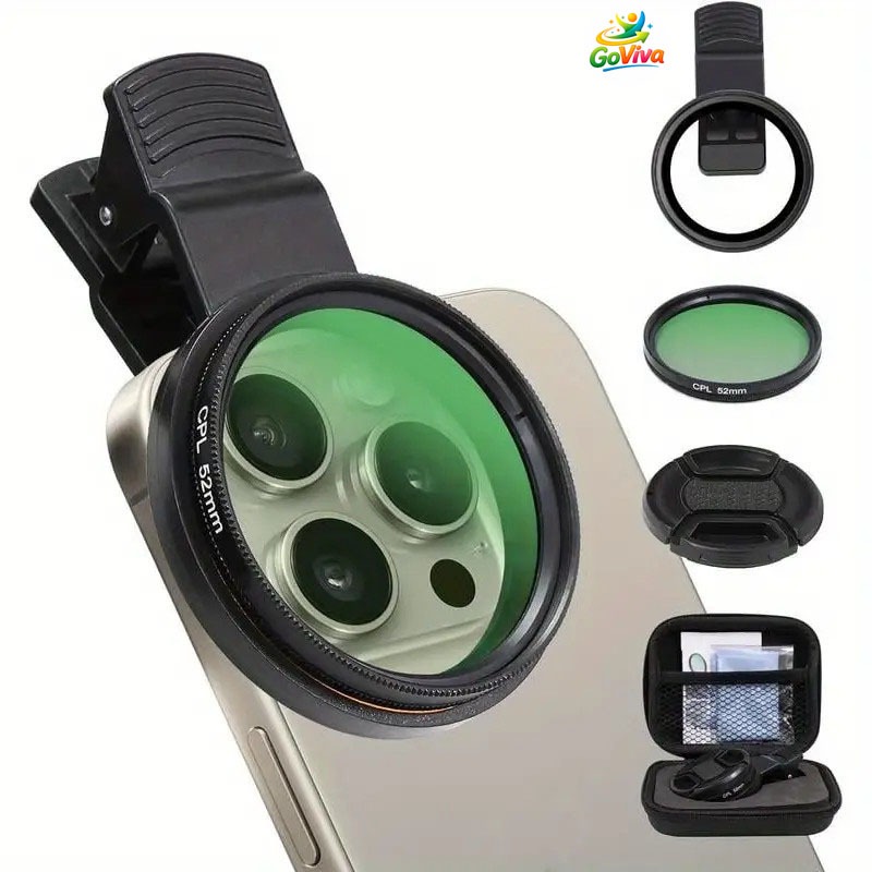 Filtro CPL 52mm para Celular com Clipe Lente Polarizadora Anti-Reflexo HD com Estojo