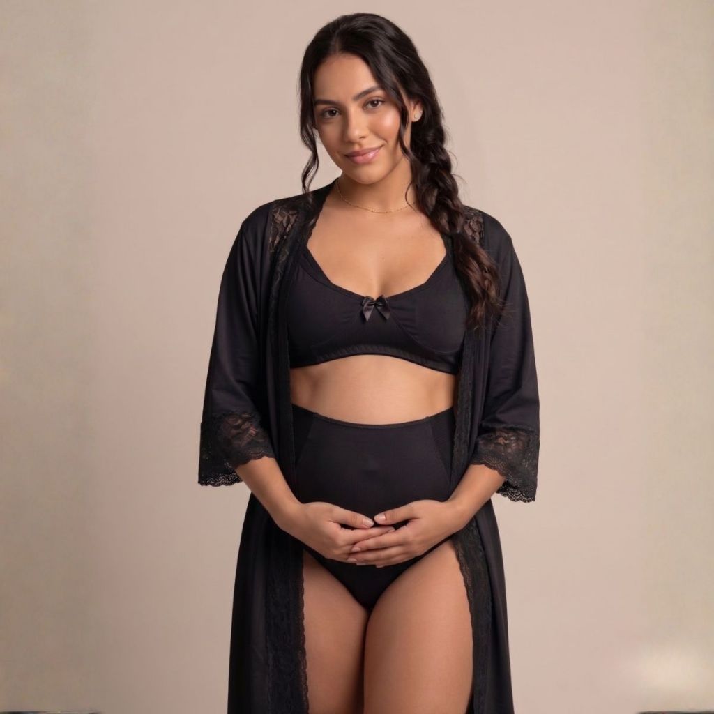 KIT Robe + Sutiã Amamentação em Microfibra + Calcinha Galena Maternidade.