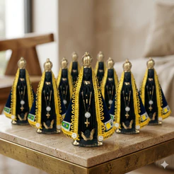 Kit 10 Nossa Senhora Aparecida 15cm Gesso Manto Veludo Azul Marinho Imagem Religiosa Decoração Católica Detalhada