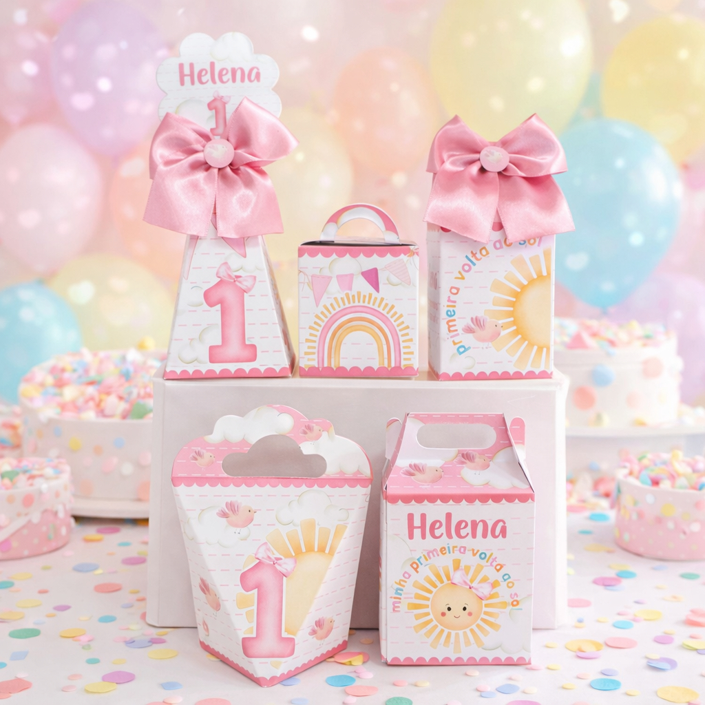 Kit Caixinhas Personalizadas ( Pegue e Monte) Minh Primeira Volta ao Sol Menina Caixas para Lembrancinhas de Aniversário