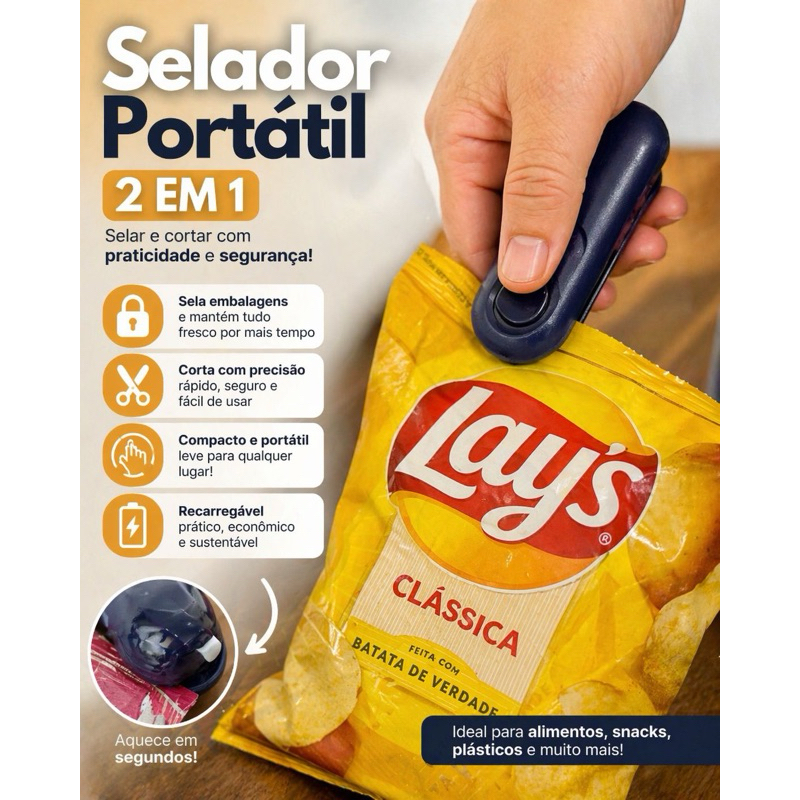 Mini Máquina Seladora Portátil de Embalagem 2 Em 1 com Fixação Magnética para Geladeira