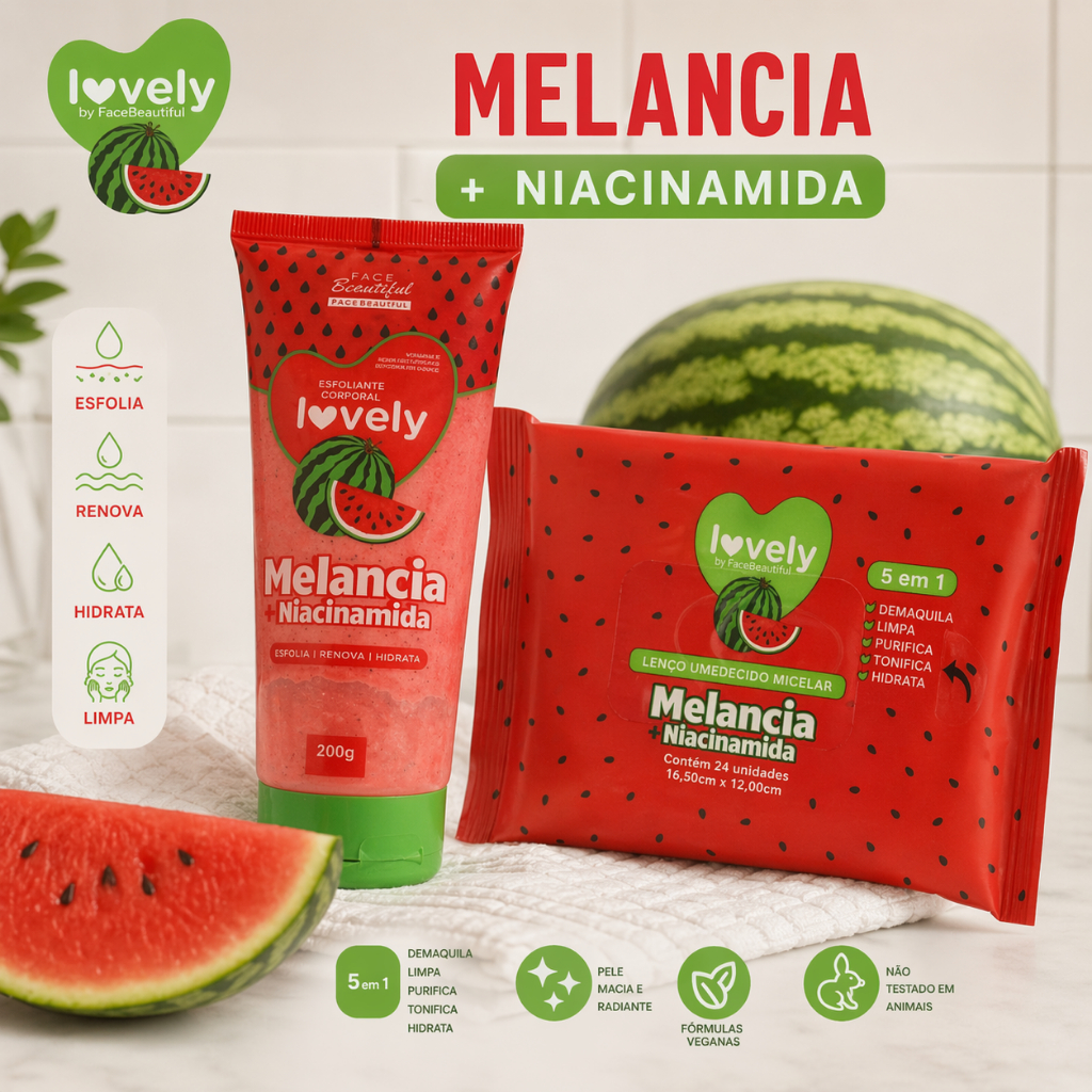 KIT SKINCARE LOVELY – MELANCIA + NIACINAMIDA  kit skincare lenço umedecido facial esfoliante corporal melancia skincare