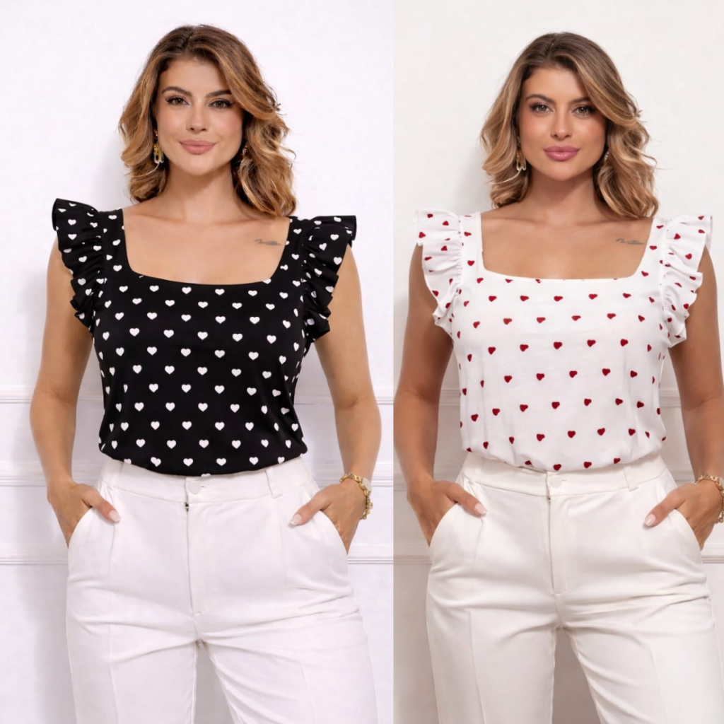 Blusa Feminina com Babados nas Mangas e Decote Quadrado  en tecido crepinho – Estilo Elegante