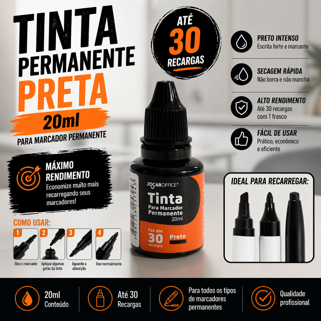 Tinta Refil para Marcador Permanente Preto Jocar Office 20 ml – até 30 Recargas