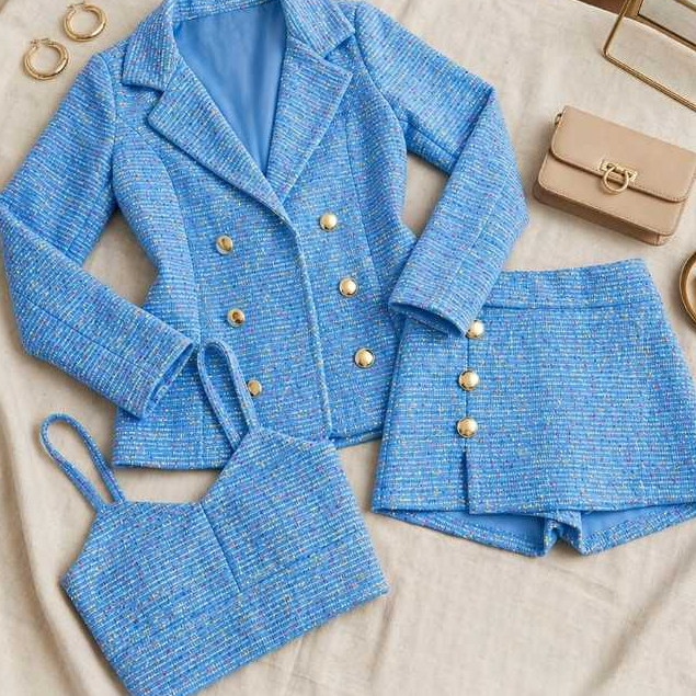 Conjunto Short Saia croped e Blazer Infantil Menina blogueirinha Look Fashion Elegante 3 pecas