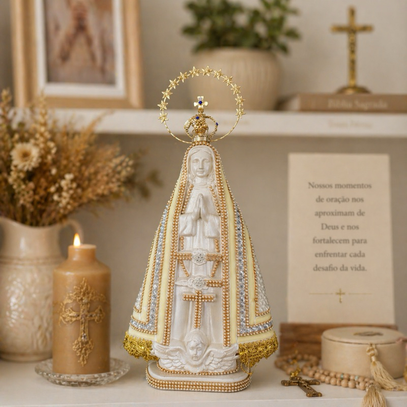 Imagem de Nossa senhora Aparecida com coroa | Gesso pérolas 34cm Noiva | casamento